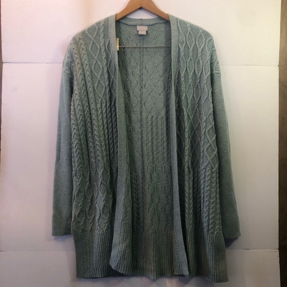 Chico’s Cable Knit Open Front Cardigan Sweater Size 2 Large Mint Green